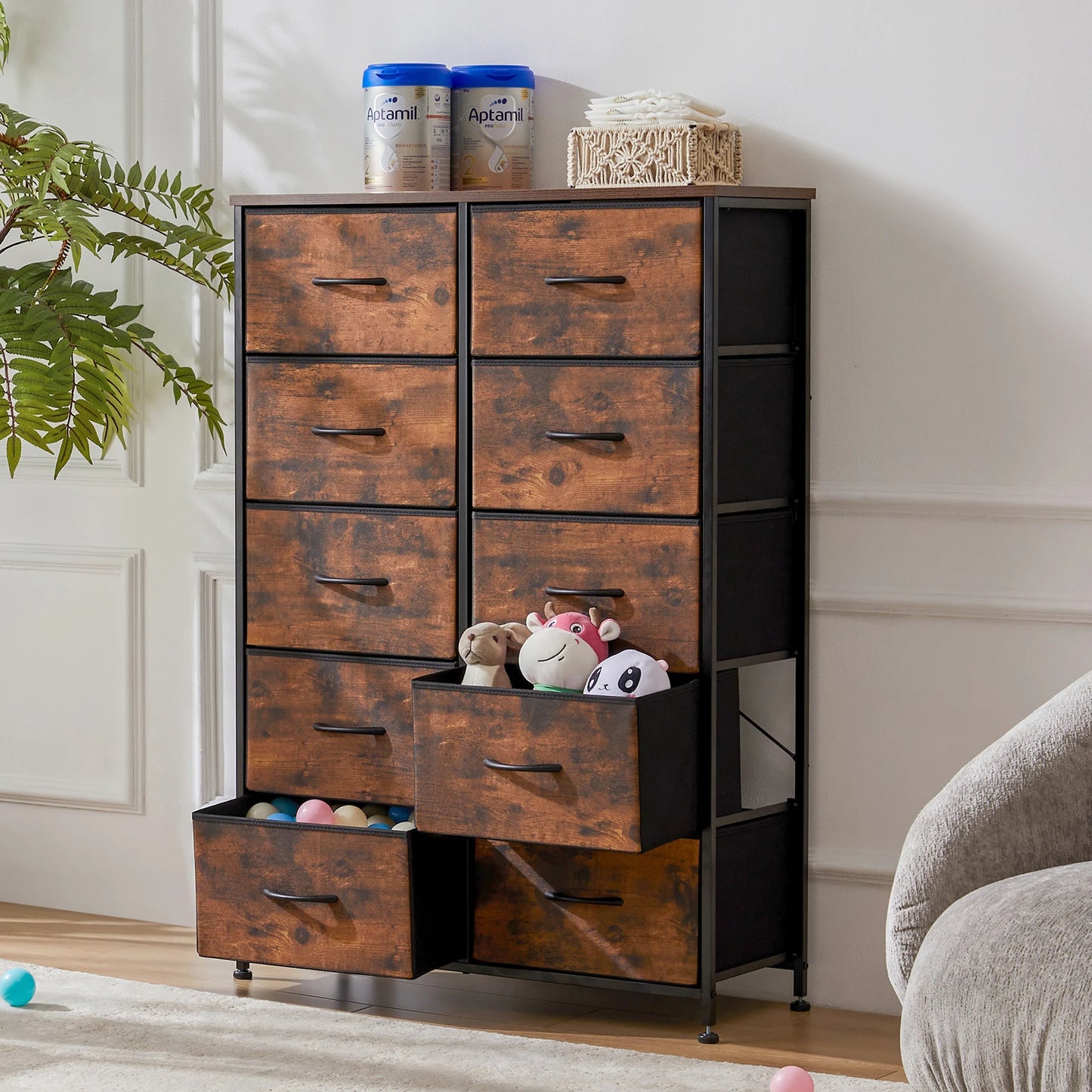 JHK Bedside Table With Fabric Drawers And Steel Frame Wardrobe Storage Cabinet