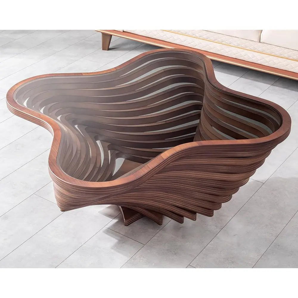 Contemporary Wave Coffee Table With Natural Walnut Veneer And Glass