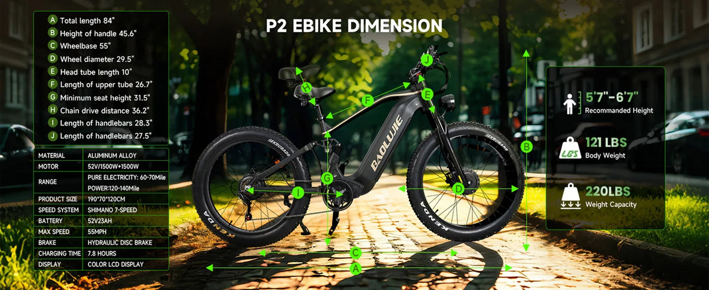 Baolujie P2 Electric Bike Motor 3000W With 52V Battery