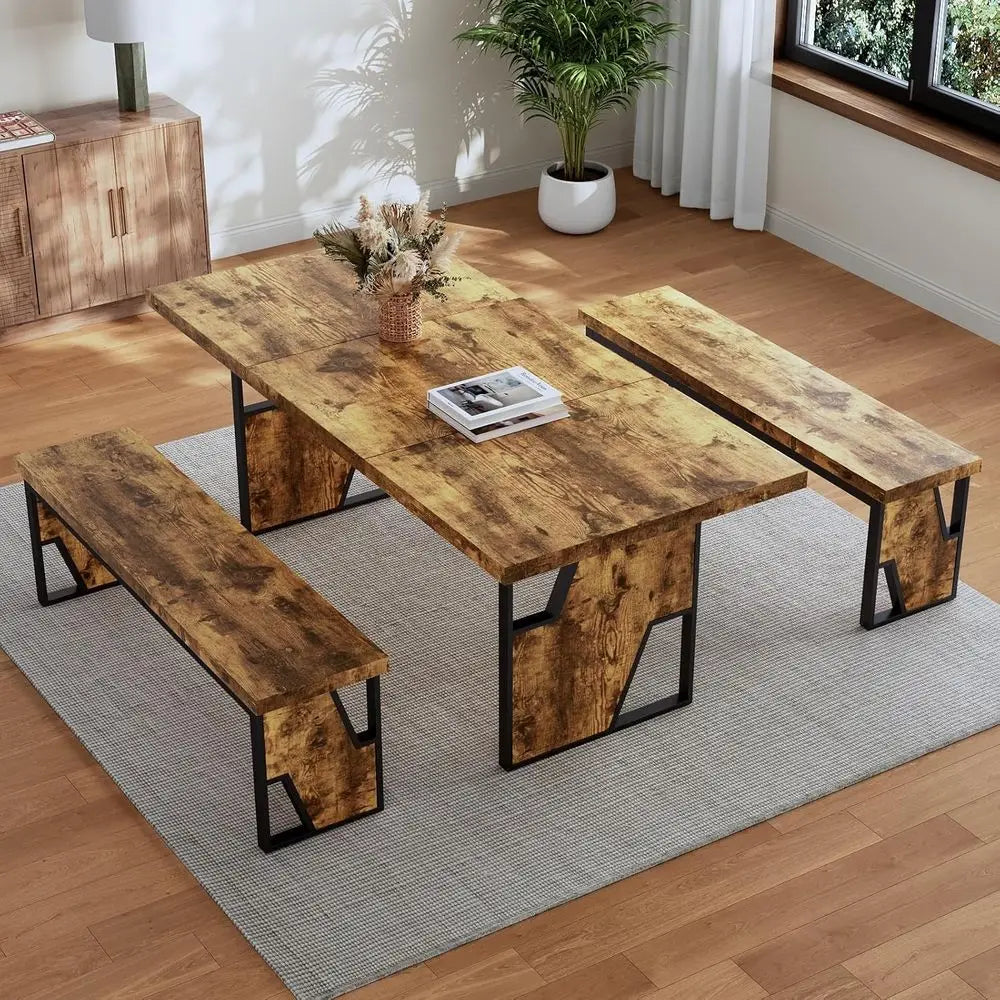 Modern Wooden Dining Table Set With Two Benches For Office