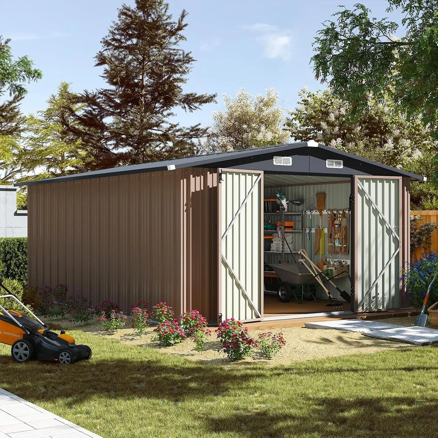 Outdoor Metal Storage Shed With Sloped Roof And Double Hinged Doors