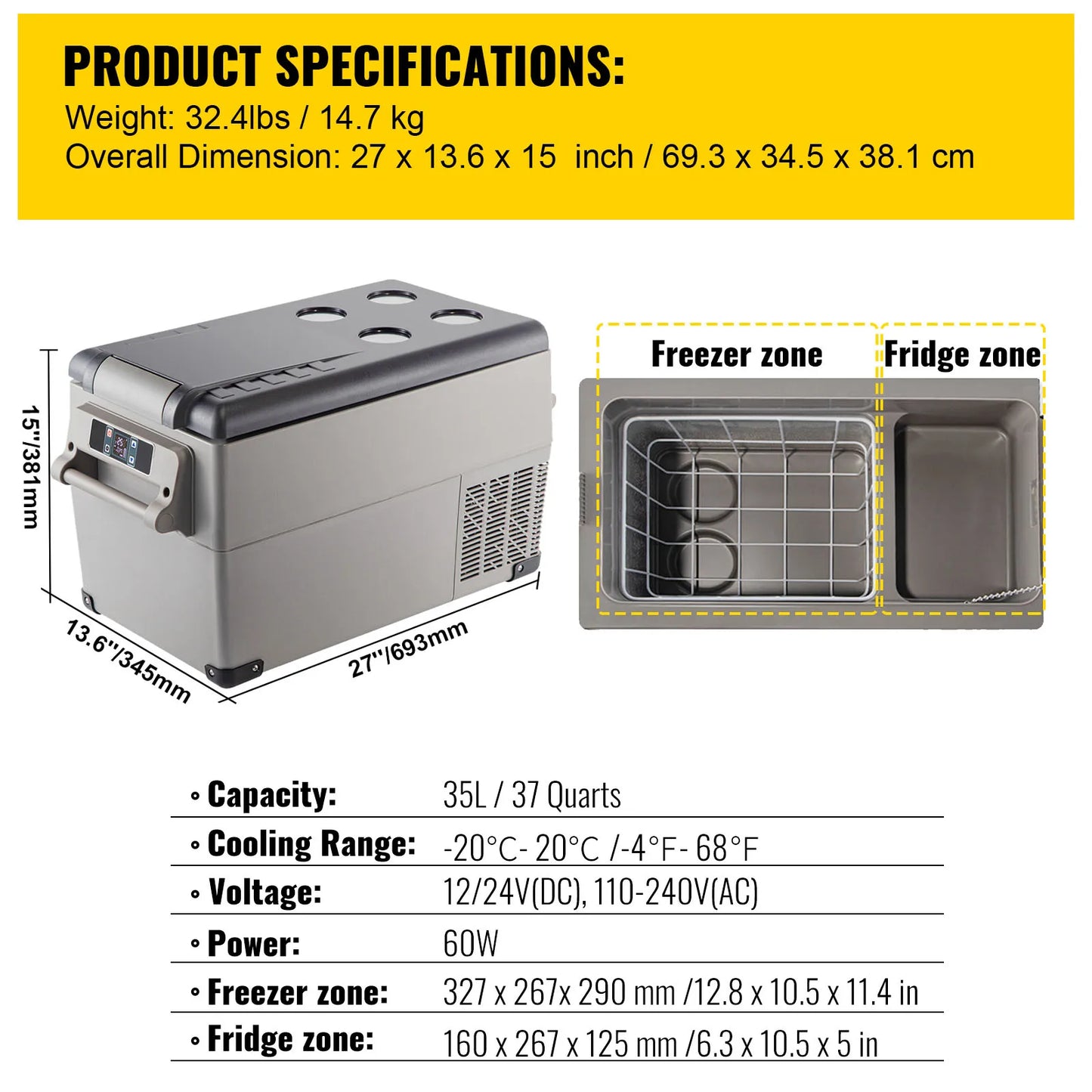 VEVOR Car Refrigerator Portable Compressor Cooler DC 110 240V
