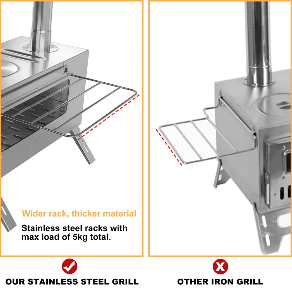Portable Stainless Steel Wood Burning Stove With 7 Chimney Pipes
