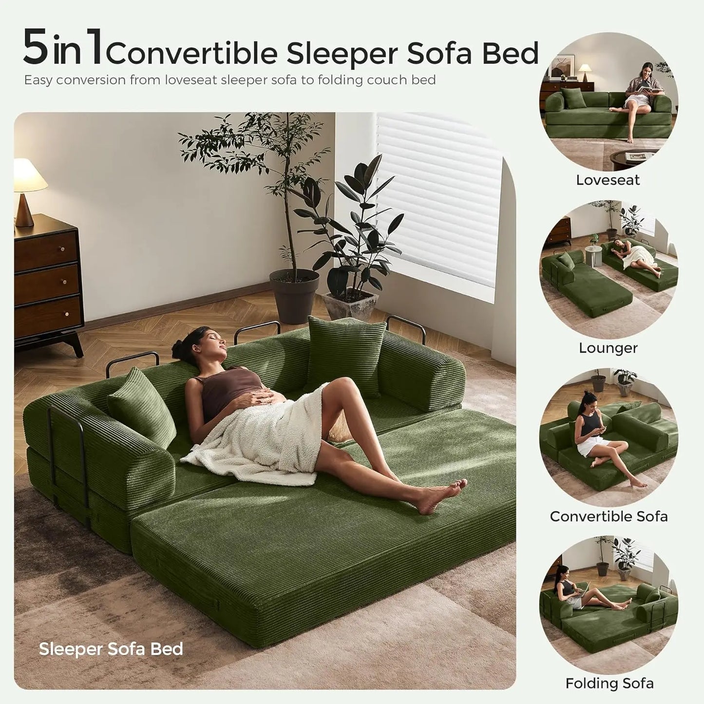 Corduroy Convertible Sofa Bed With Fixed Frame And Removable Armrests