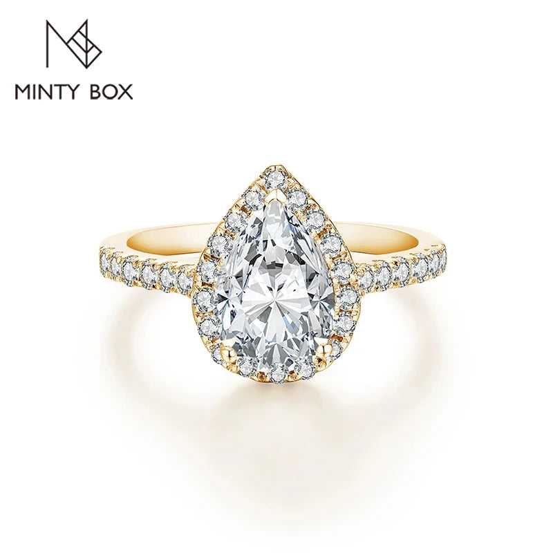 Minty Box Pear Cut Moissanite Halo Ring 18K Gold Plated Engagement