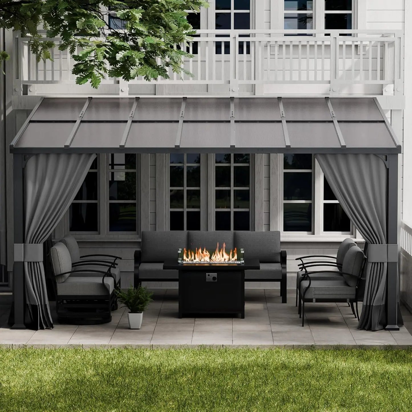 Wall Mounted Hardtop Pergola With Curtains And Netting Sunshade