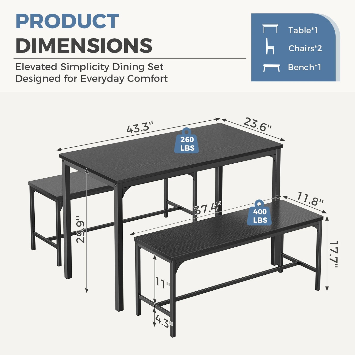 JHK 3-Piece Table And Chair Set With Metal Frame Furniture