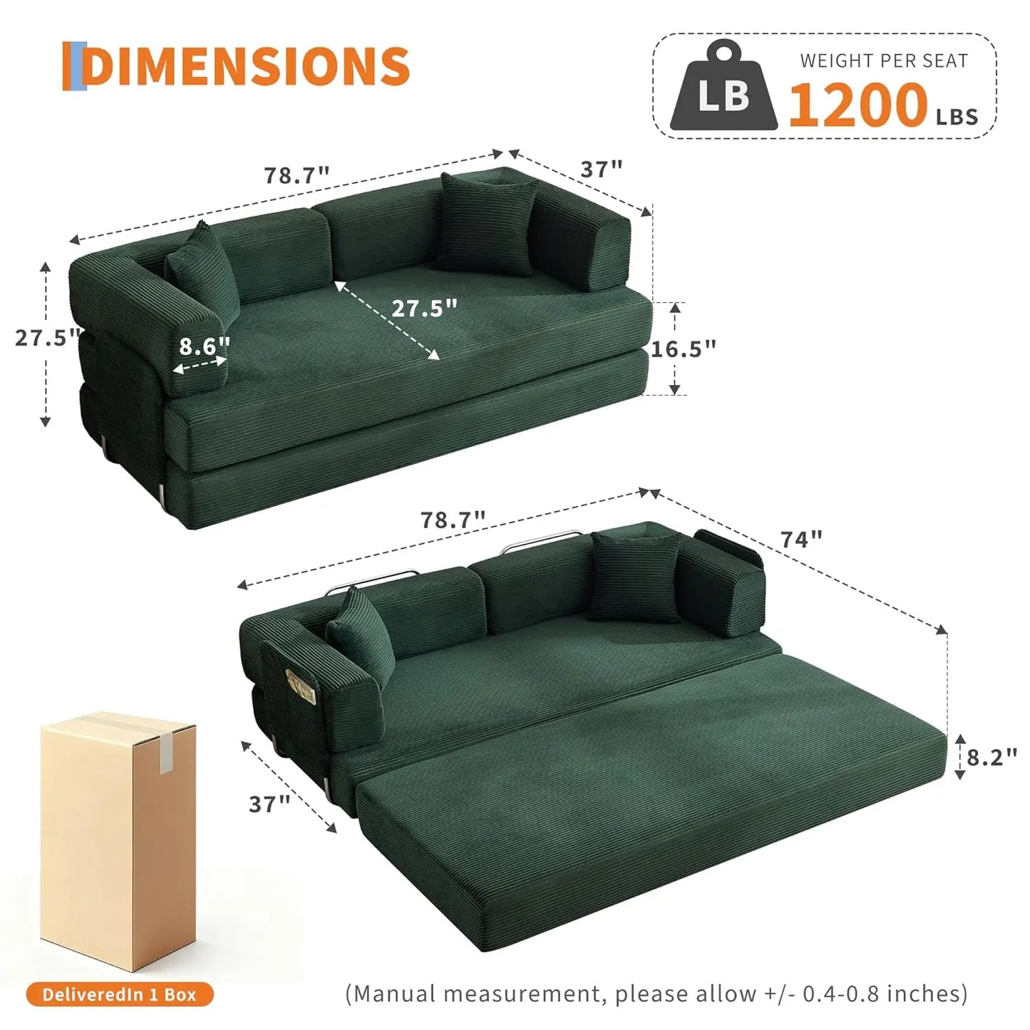 Convertible Sleeper Sofa 5-In-1 Folding Mattress Fixed Frame
