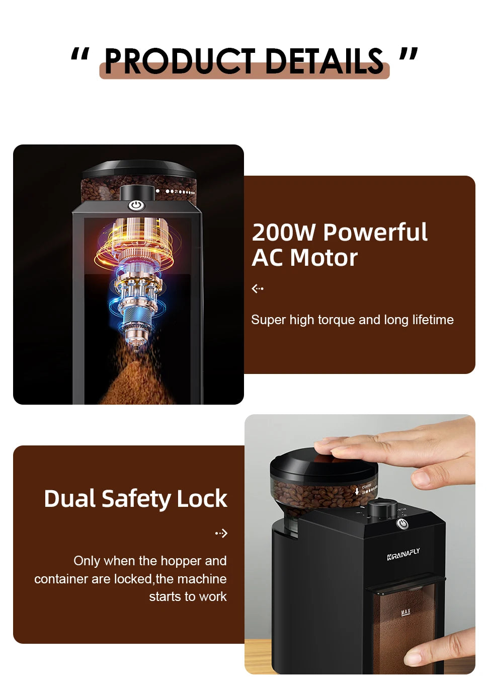 KIRAINAFLY Automatic Burr Mill Coffee Grinder 28 Adjustable Gears