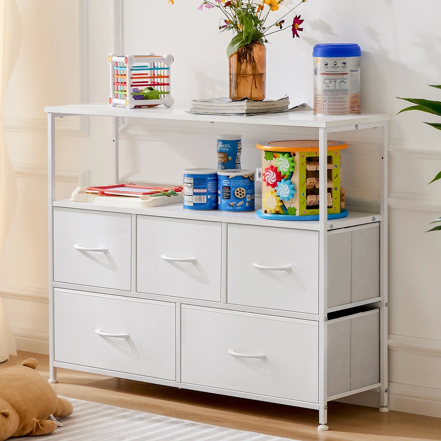 JHK Fireplace TV Stand Dresser With Fabric Drawers Storage Cabinet