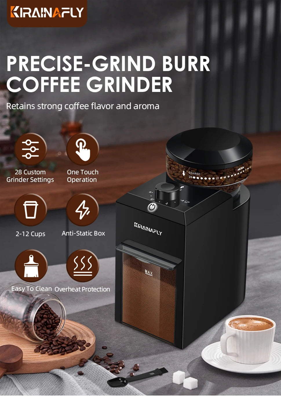 KIRAINAFLY Automatic Burr Mill Coffee Grinder 28 Adjustable Gears