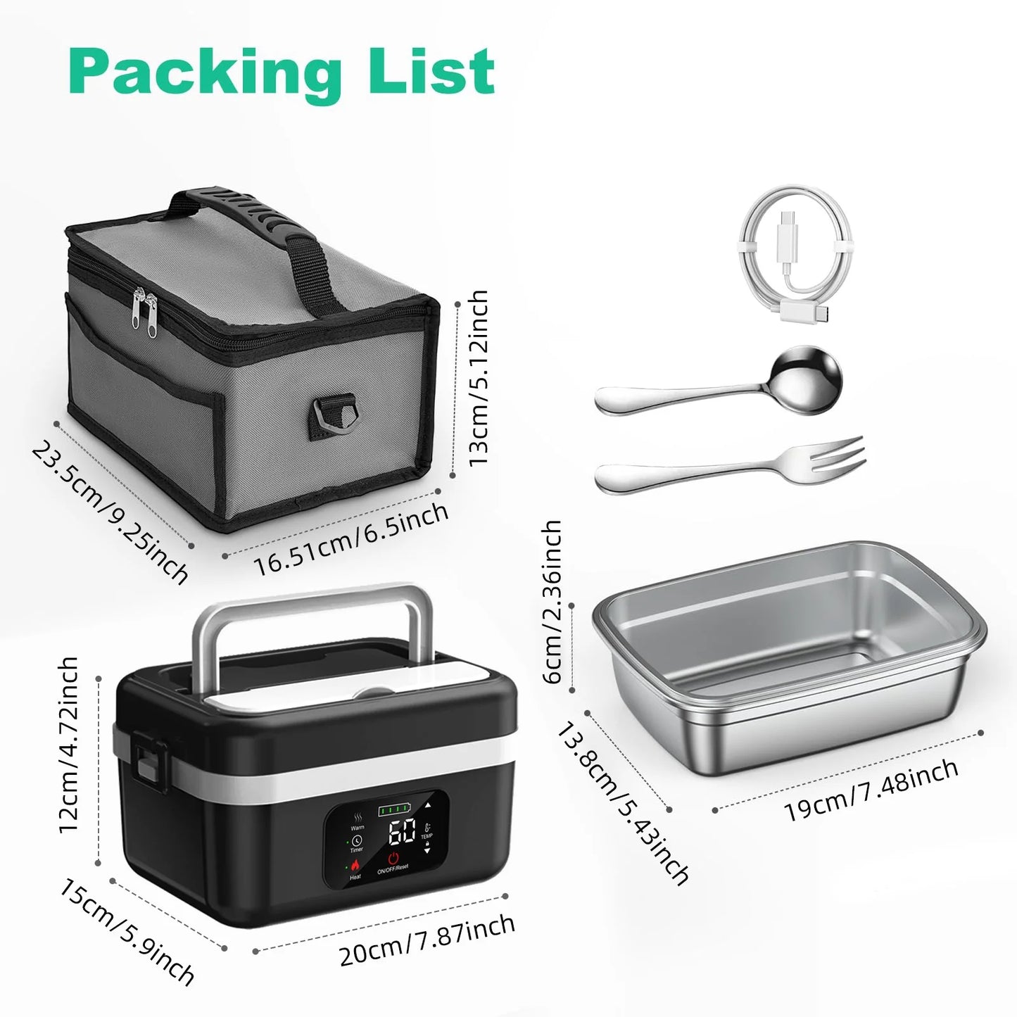Wireless Electric Insulated Lunch Box With 60W Heating 8000mAh Battery