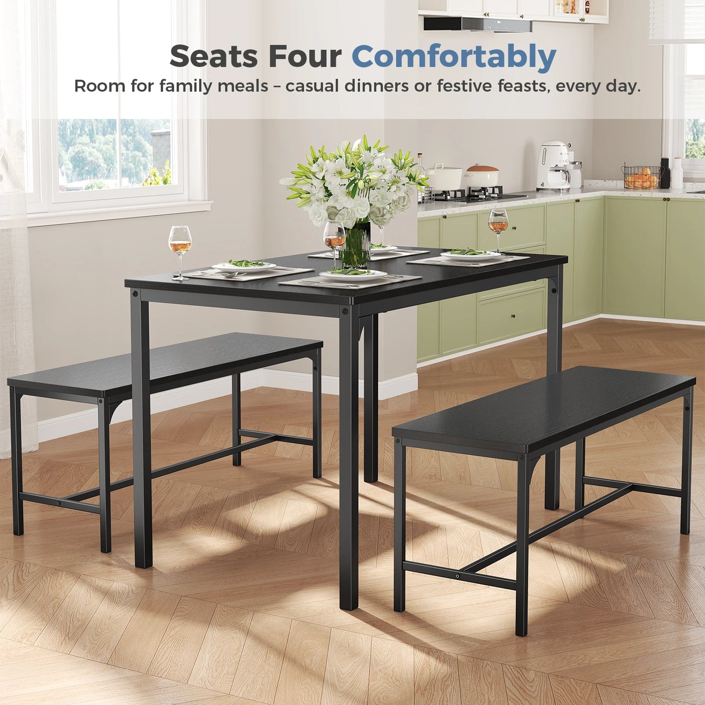 JHK 3-Piece Table And Chair Set With Metal Frame Furniture