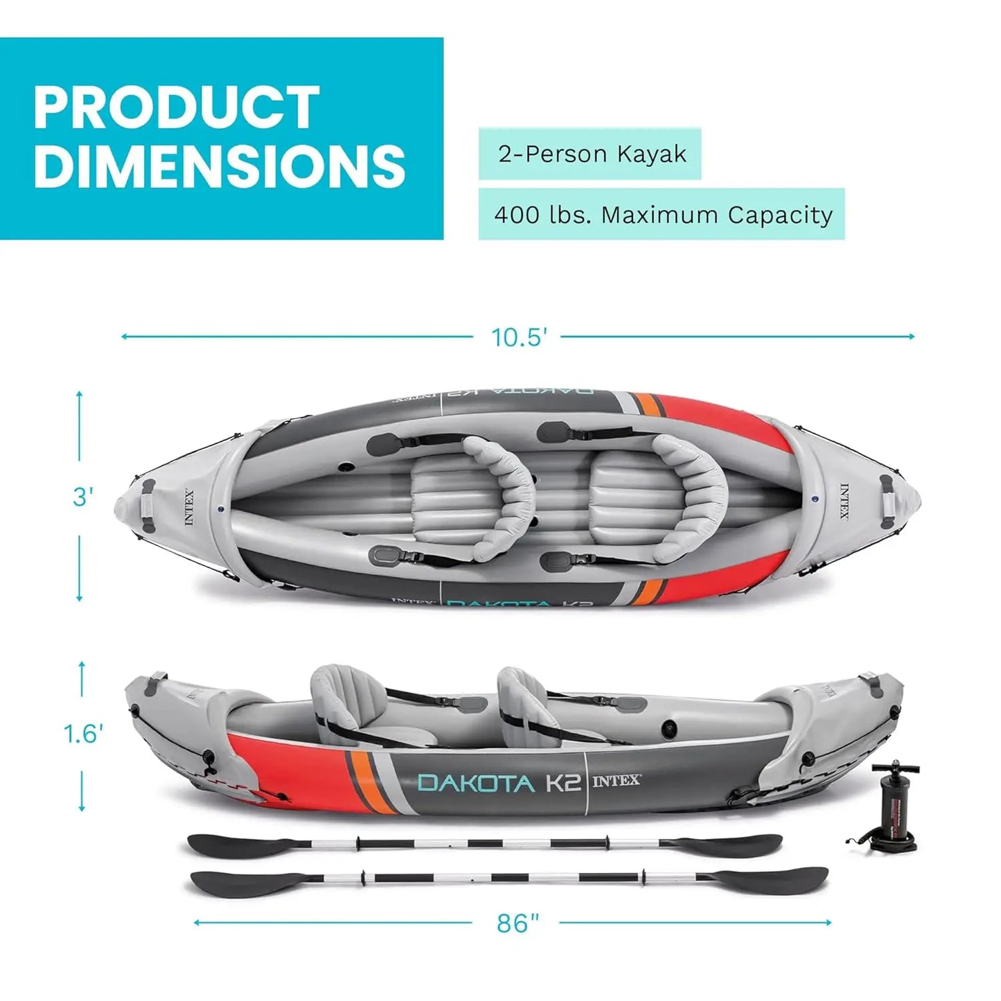 Dakota K2 2-Person Inflatable Kayak Set With Oars And Pump