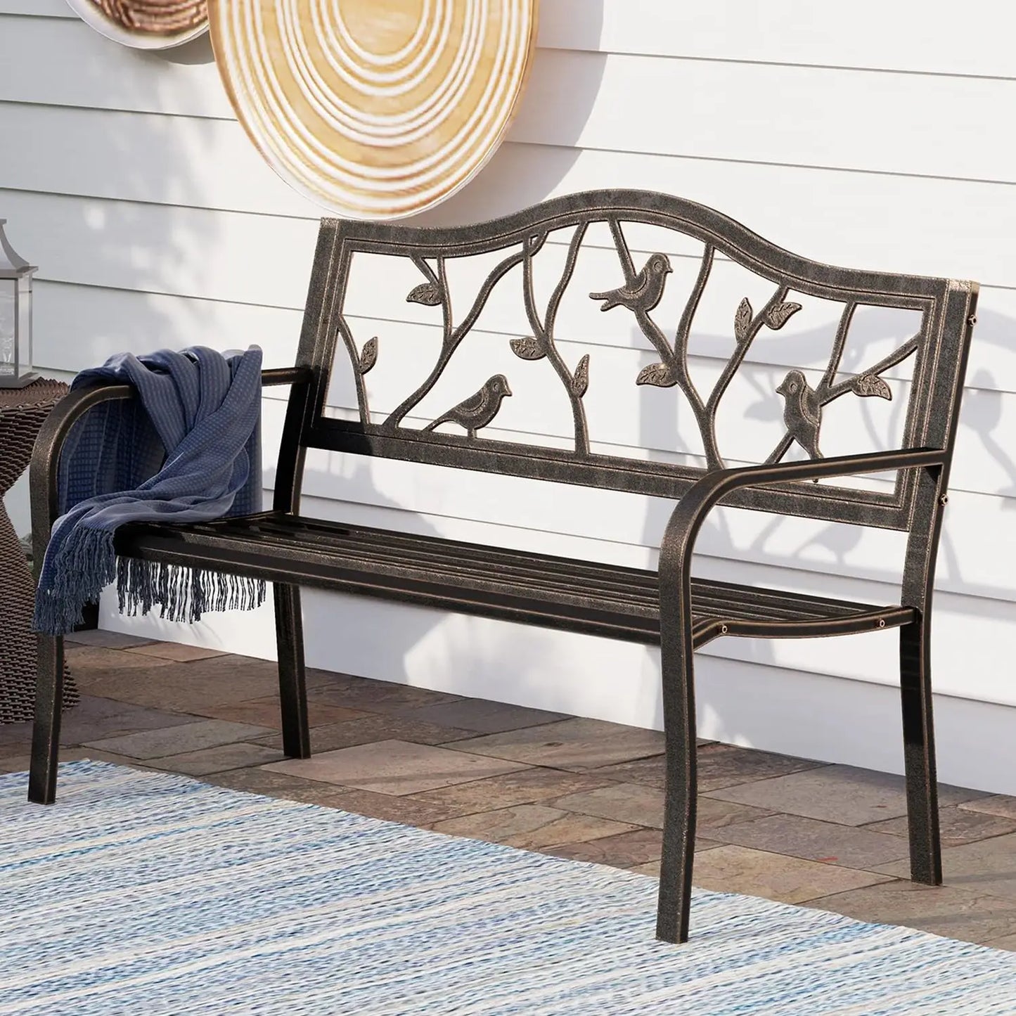 Cast Iron Garden Bench With Floral Backrest Slatted Seat