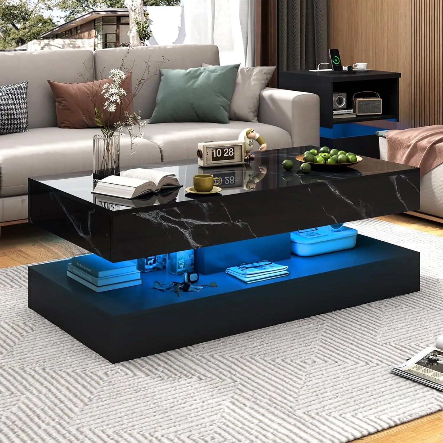 QiaoShiRen Modern LED Coffee Table With Two Storage Drawers