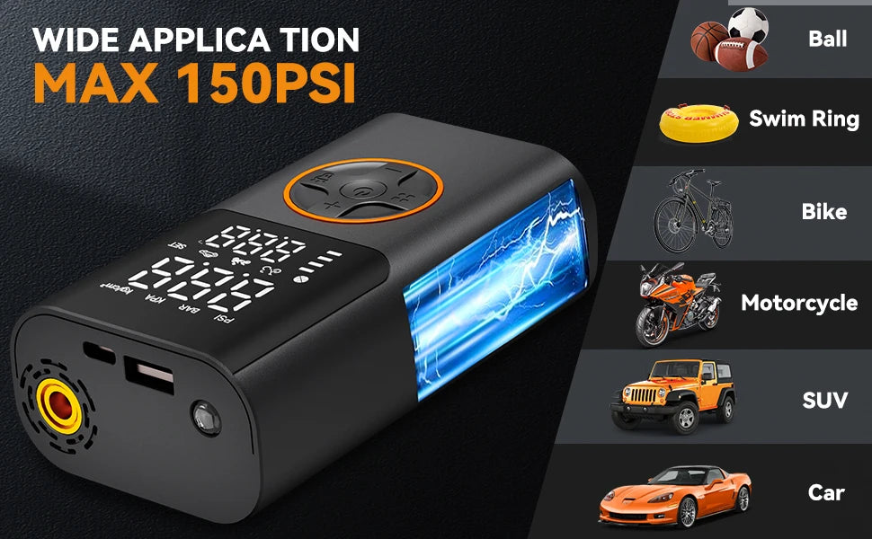 Wireless Air Pump 150 PSI Portable Tire Inflator With USB