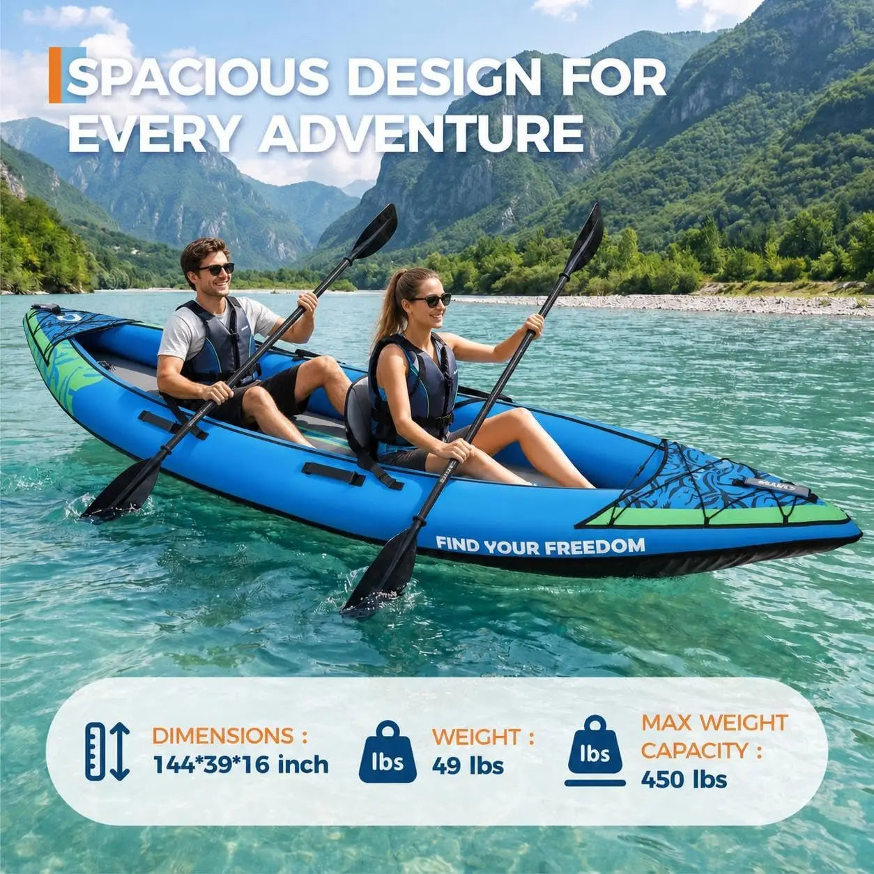 Heavy-Duty Inflatable Tandem Kayak With Adjustable Seats And Paddles