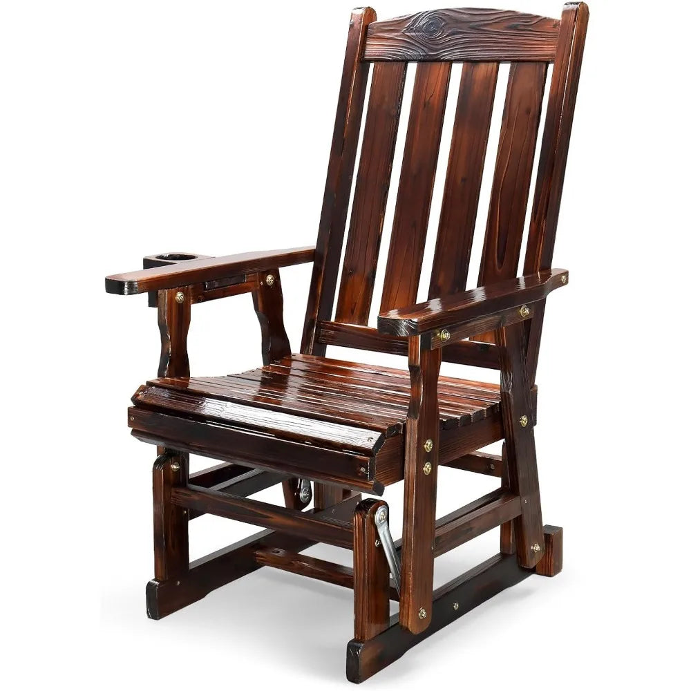 Rustic Outdoor Bamboo Glider Chair With Cup Holder And Smooth Rocking