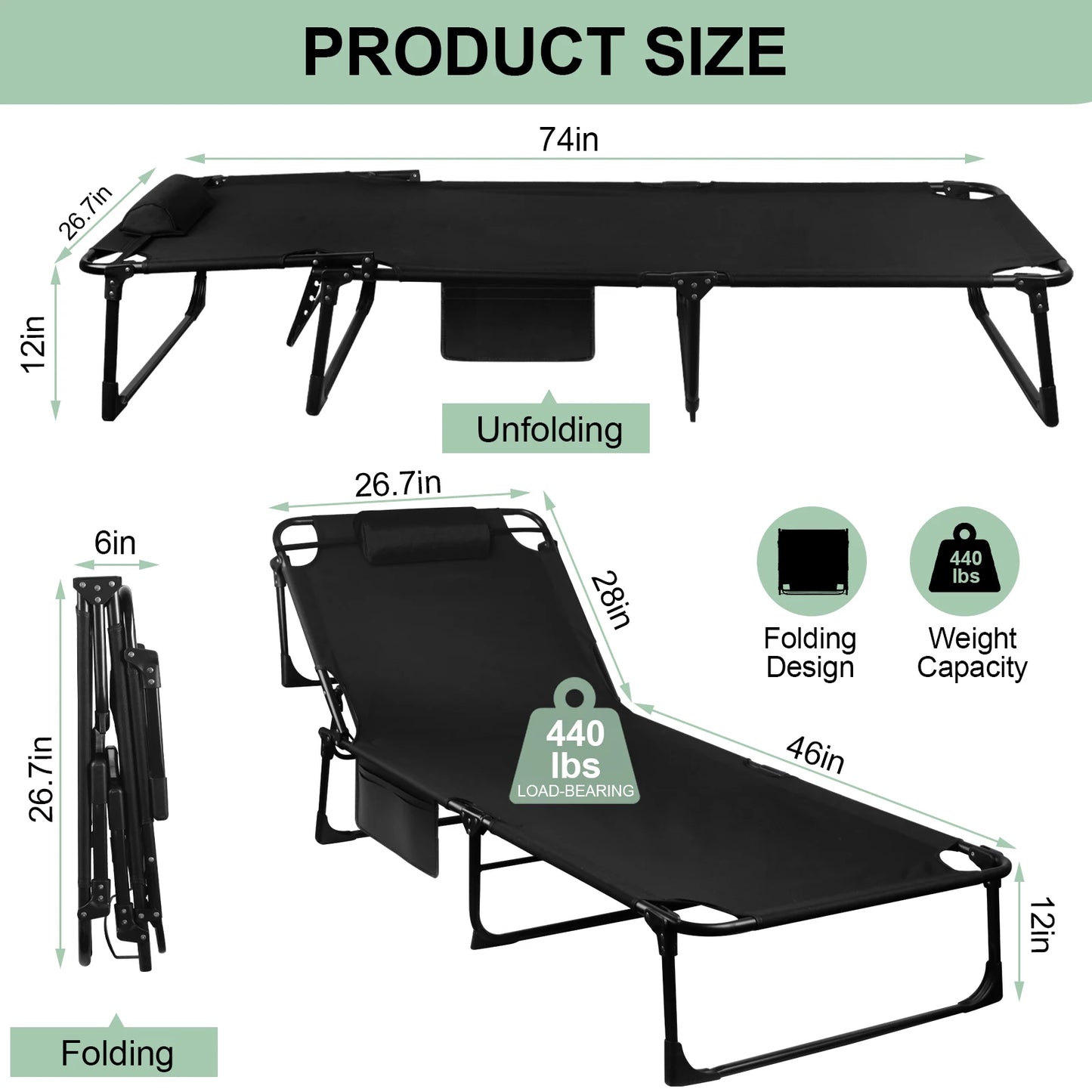 Lit de camp pliant portable 3 positions avec oreiller