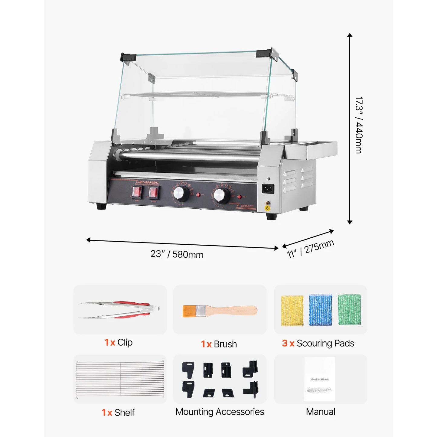 VEVOR Commercial Hot Dog Rollers Stainless Steel Dual Temperature Control