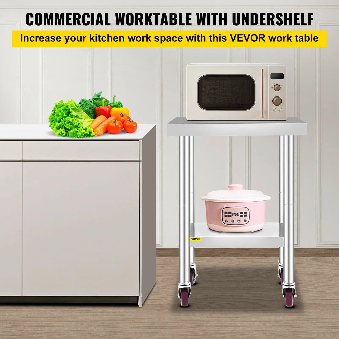 SucceBuy Stainless Steel Kitchen Work Table With Caster Wheels Commercial