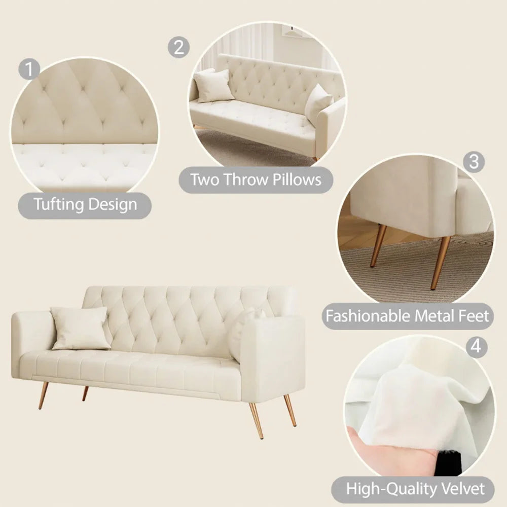 Velvet Convertible Futon Sofa Bed With Gold Metal Legs And 3 Position Backrest