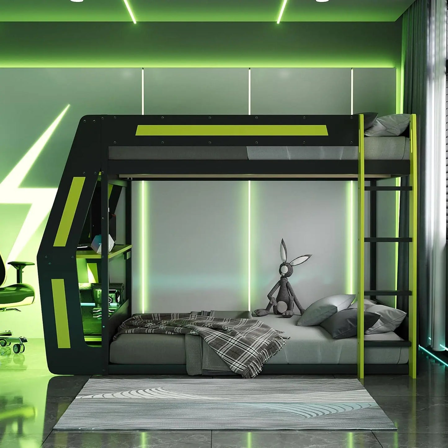 Gaming Bunk Bed With RGB Desk USB Ports And LED Light Strip