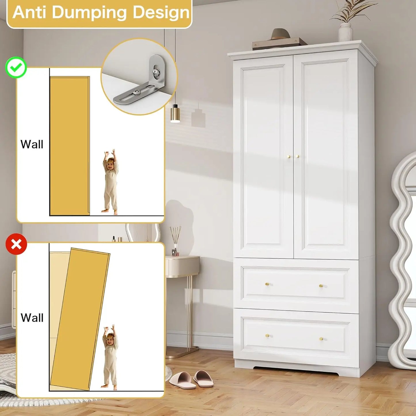 Engineered Wood Wardrobe Armoire With Two Doors And Drawers