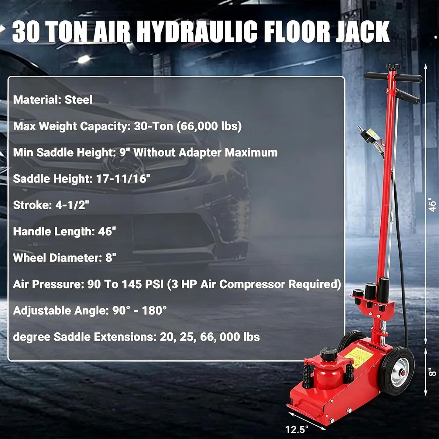 HiMISS 30 Ton Air Hydraulic Floor Jack With Dual Power Adapters