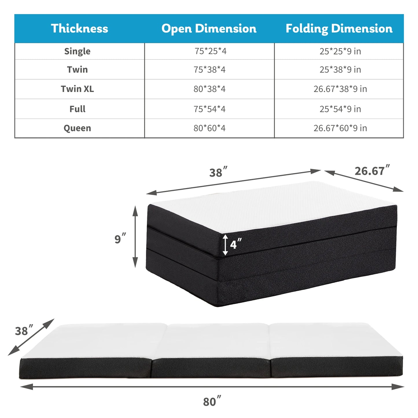 JHK Tri Fold Memory Foam Mattress With Washable Cover Travel
