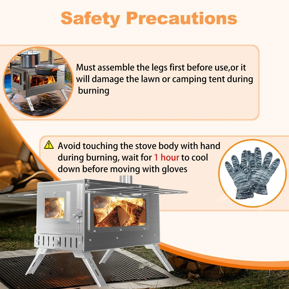Portable Stainless Steel Wood Burning Stove With 7 Chimney Pipes