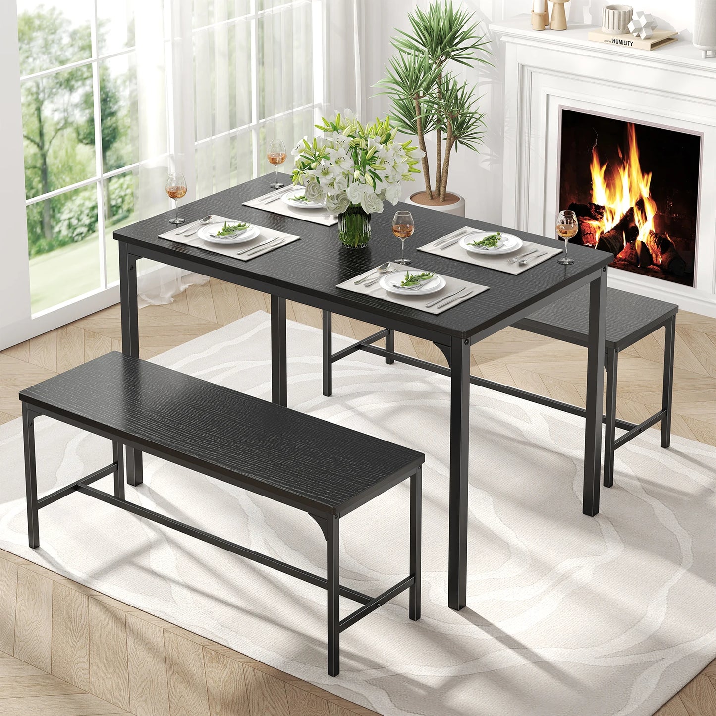 JHK 3-Piece Table And Chair Set With Metal Frame Furniture