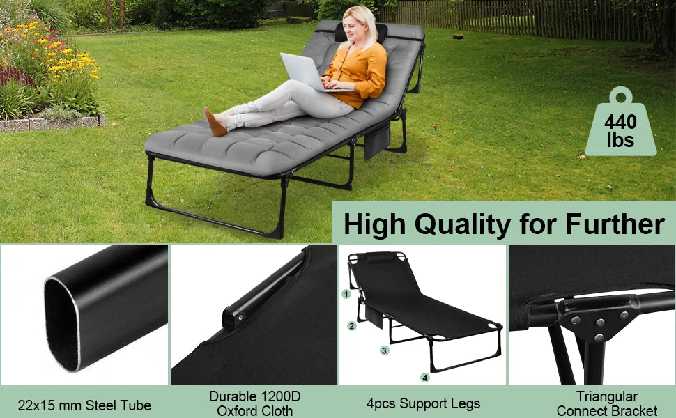 Lit de camp pliant portable 3 positions avec oreiller