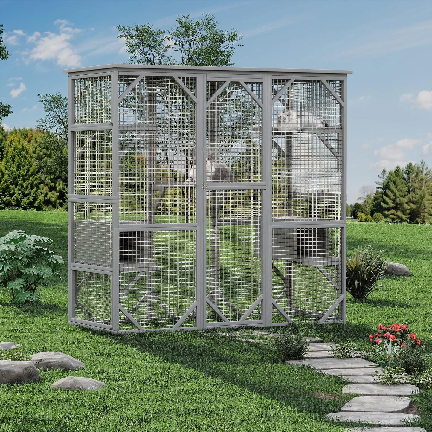 HiMISS Walk-In Catio Weather-Resistant Cedar Cat Enclosure With Locking Doors