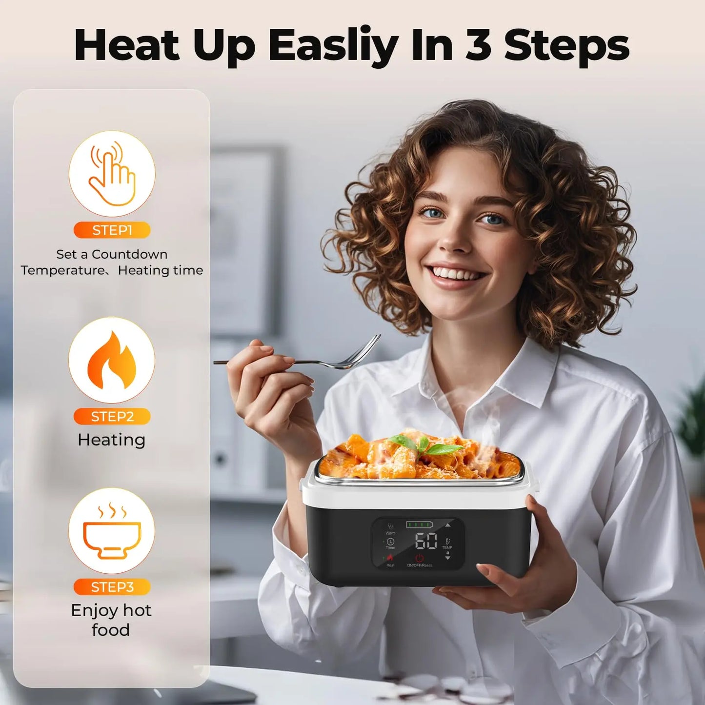 Wireless Electric Insulated Lunch Box With 60W Heating 8000mAh Battery