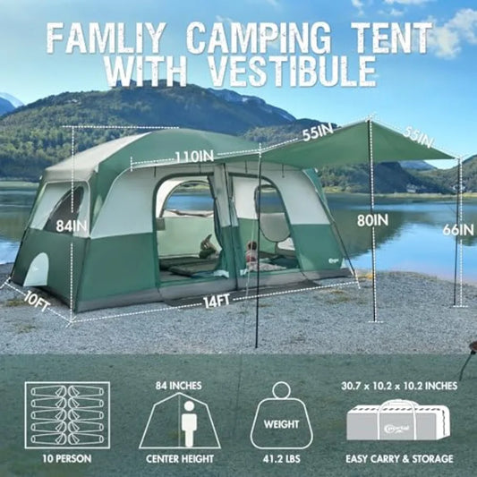 Family Camping Tent With Porch Tall Ceiling And Water Resistant Nylon