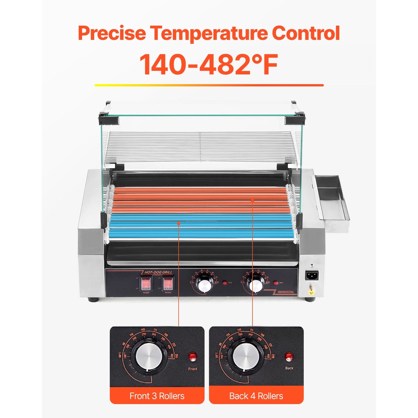 VEVOR Commercial Hot Dog Rollers Stainless Steel Dual Temperature Control