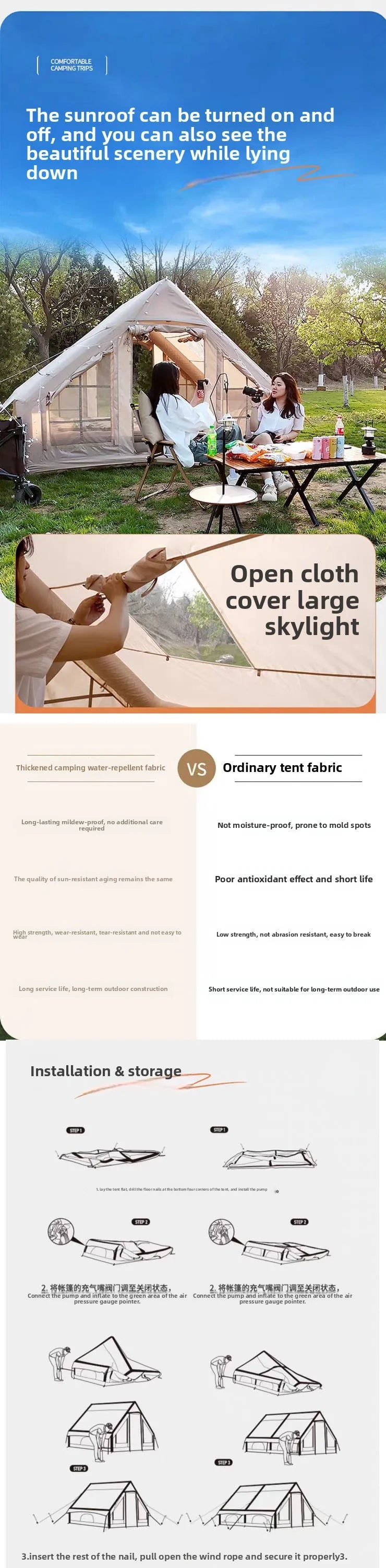 Inflatable Family Tent With Skylight Hand Pump And Chimney