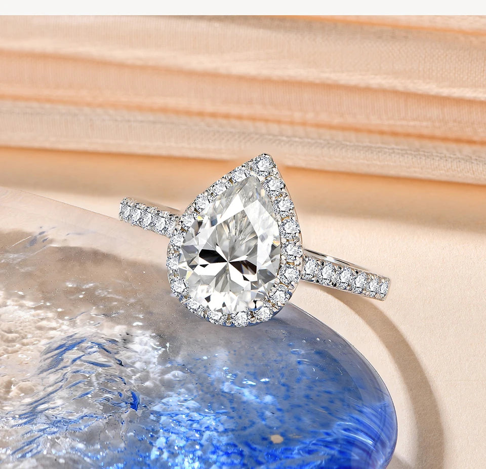 Minty Box Pear Cut Moissanite Halo Ring 18K Gold Plated Engagement