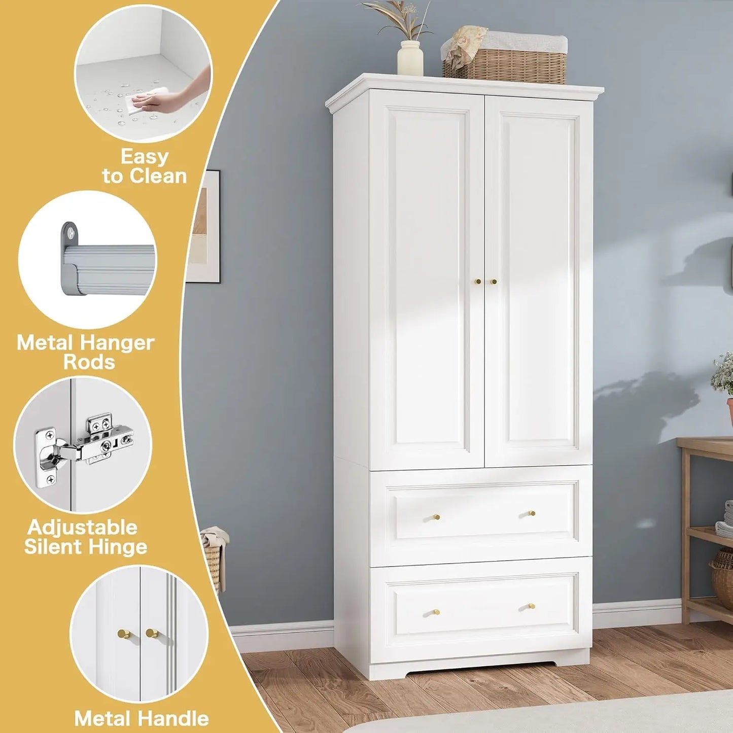 Engineered Wood Wardrobe Armoire With Two Doors And Drawers