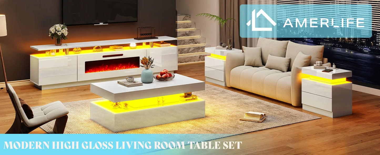 Modern High Gloss Living Room Table Set With Integrated LED