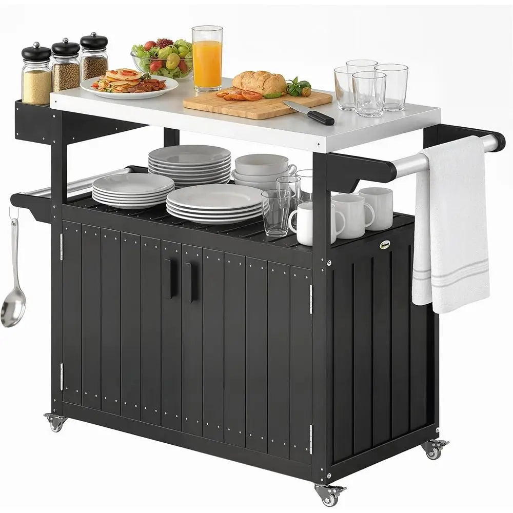 Outdoor Bar Cart With Storage Cabinet On Wheels Stainless Top