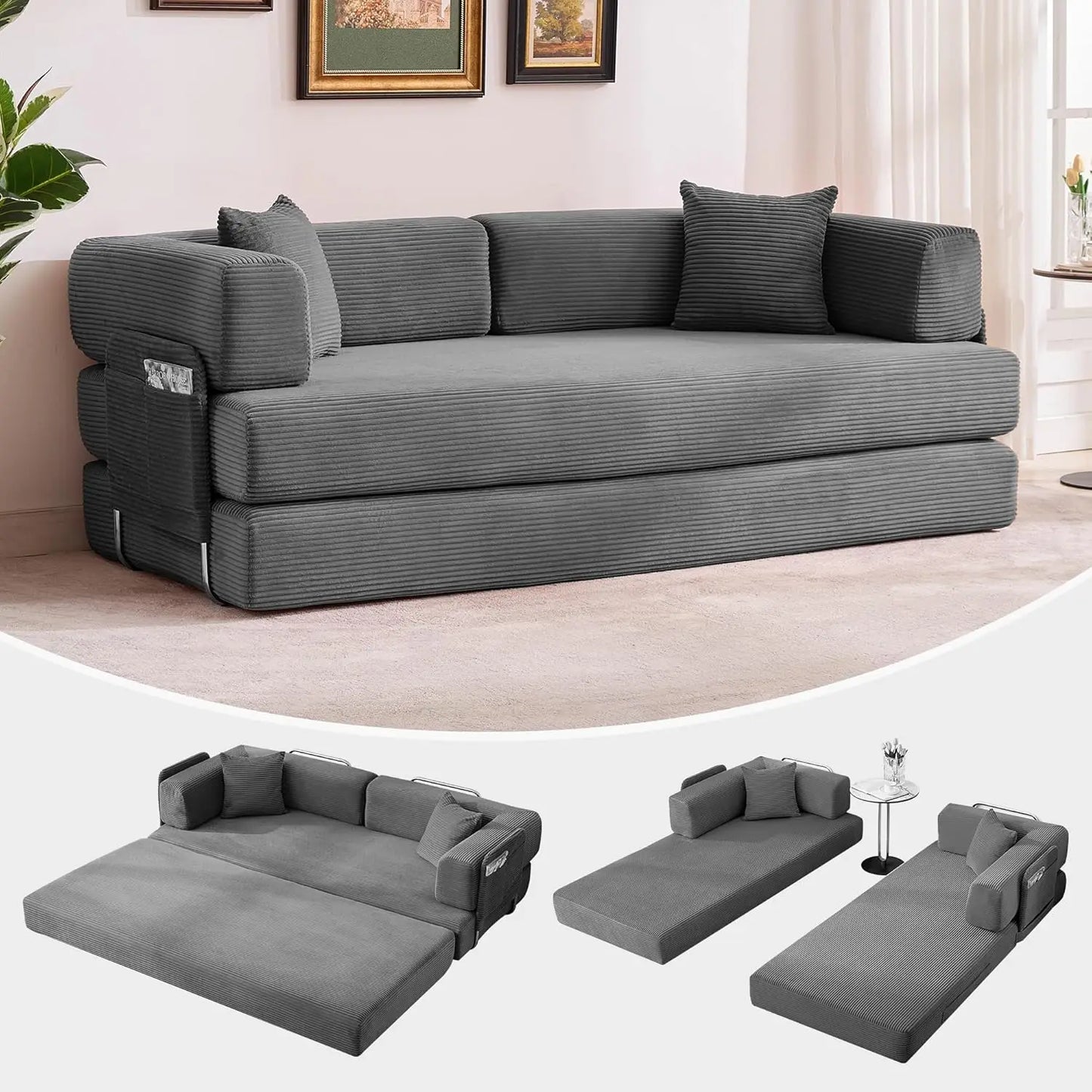 Convertible Sleeper Sofa 5-In-1 Folding Mattress Fixed Frame