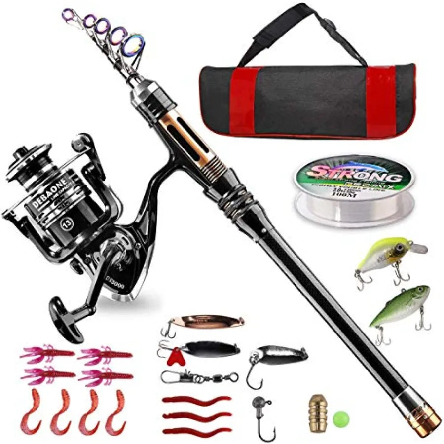 Carbon Fiber Telescopic Fishing Rod Kit With Spinning Reel Line And Lures