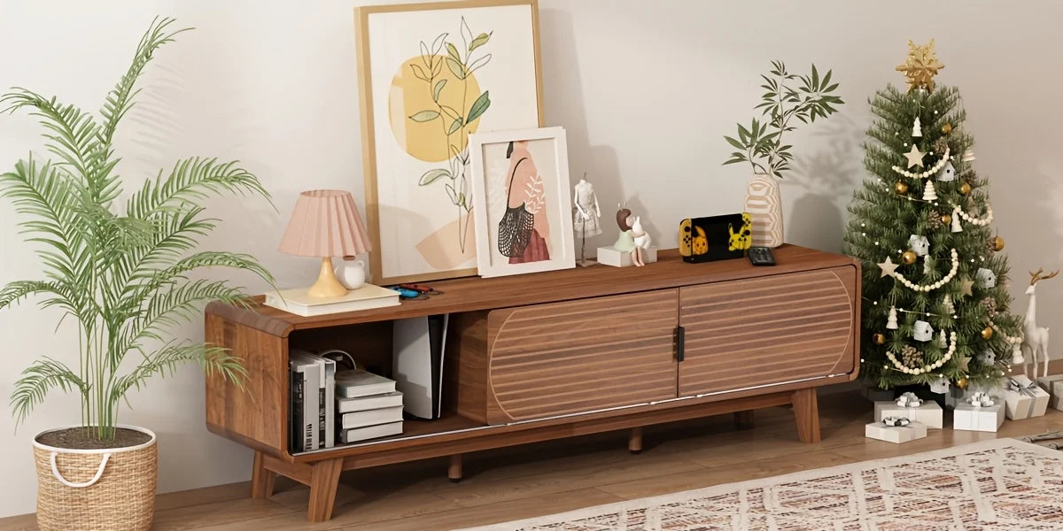 Mid Century Modern TV Stand With Fluted Sliding Door