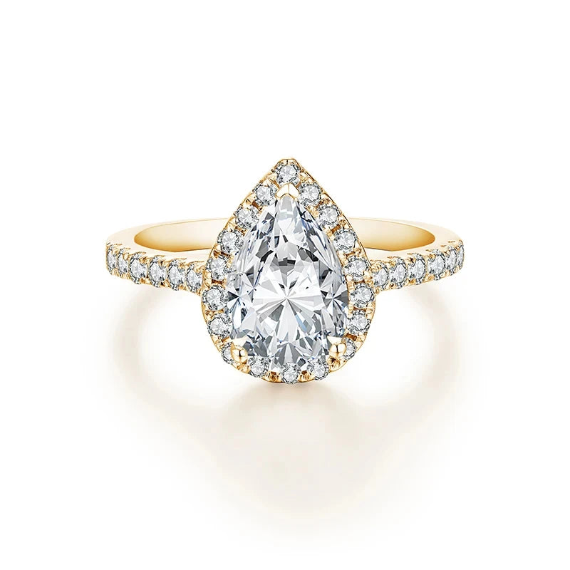 Minty Box Pear Cut Moissanite Halo Ring 18K Gold Plated Engagement