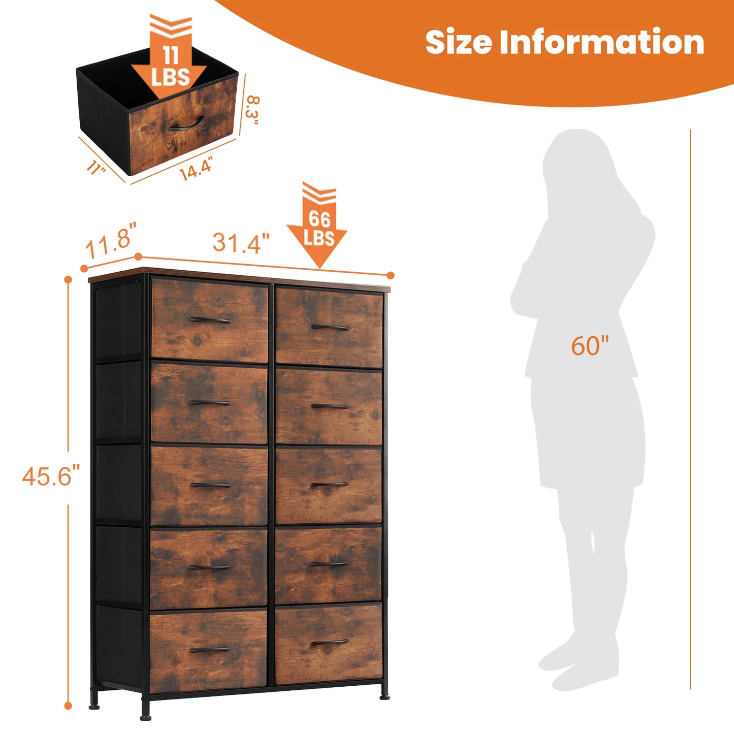 JHK Bedside Table With Fabric Drawers And Steel Frame Wardrobe Storage Cabinet