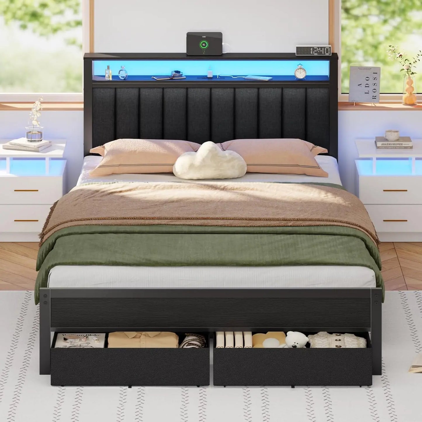 Bed Frame Charging Station And LED Lights, Upholstered Headboard Platform Bed