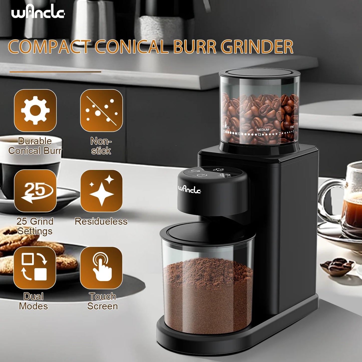 KIRAINAFLY Automatic Conical Burr Coffee Grinder With Touchscreen